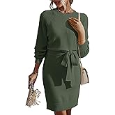 Dokotoo Womens 2025 Fall Sweater Dress Crewneck Long Sleeve Empire Waist Ribbed Knit Mini Dress with Belt