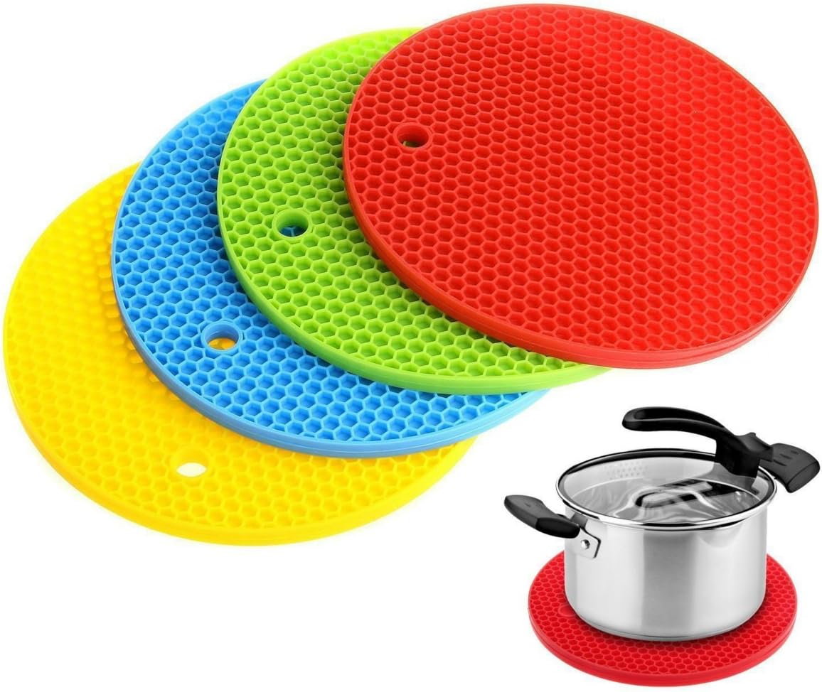 Facmogu 4 PCS Thick Silicone Trivet Mat, Round Honeycomb Texture Heat Resistant Pads, Non-slip Flexible Insulation Cup Coasters for Home Kitchen Tools Tableware