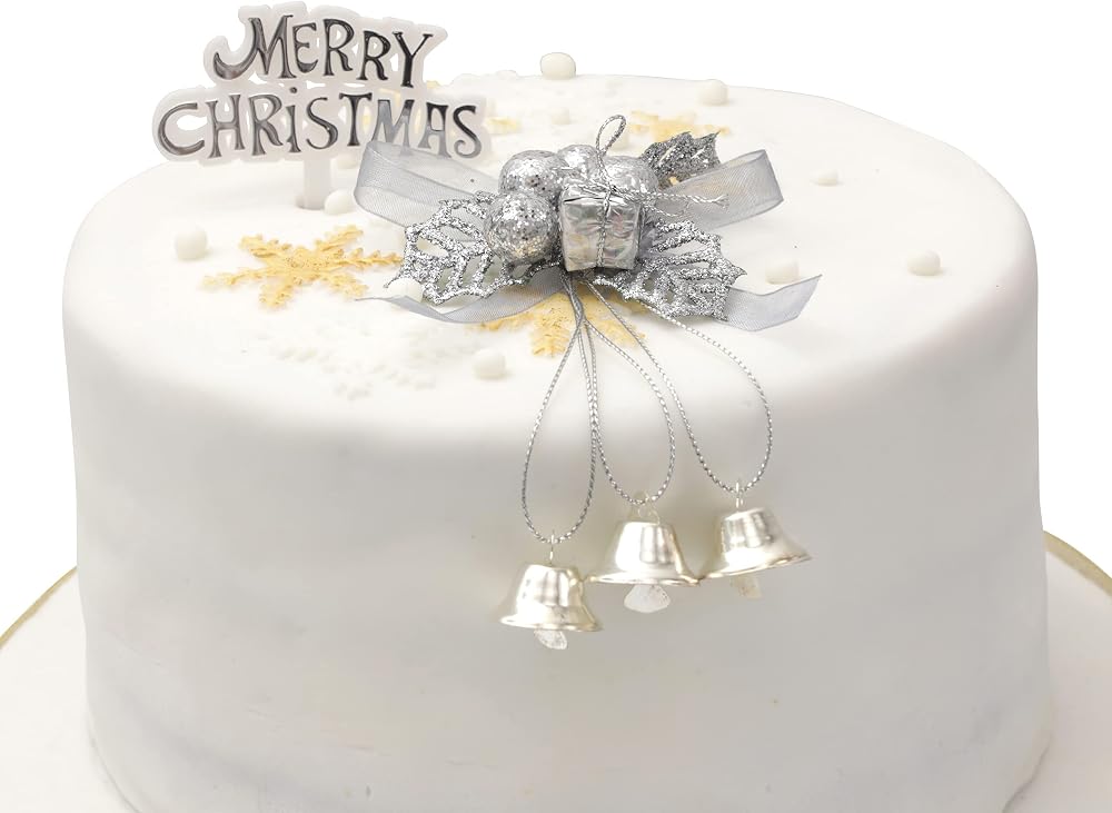 evelay Silver Holly Bells Merry Christmas Cake Topper Set Party Decorations