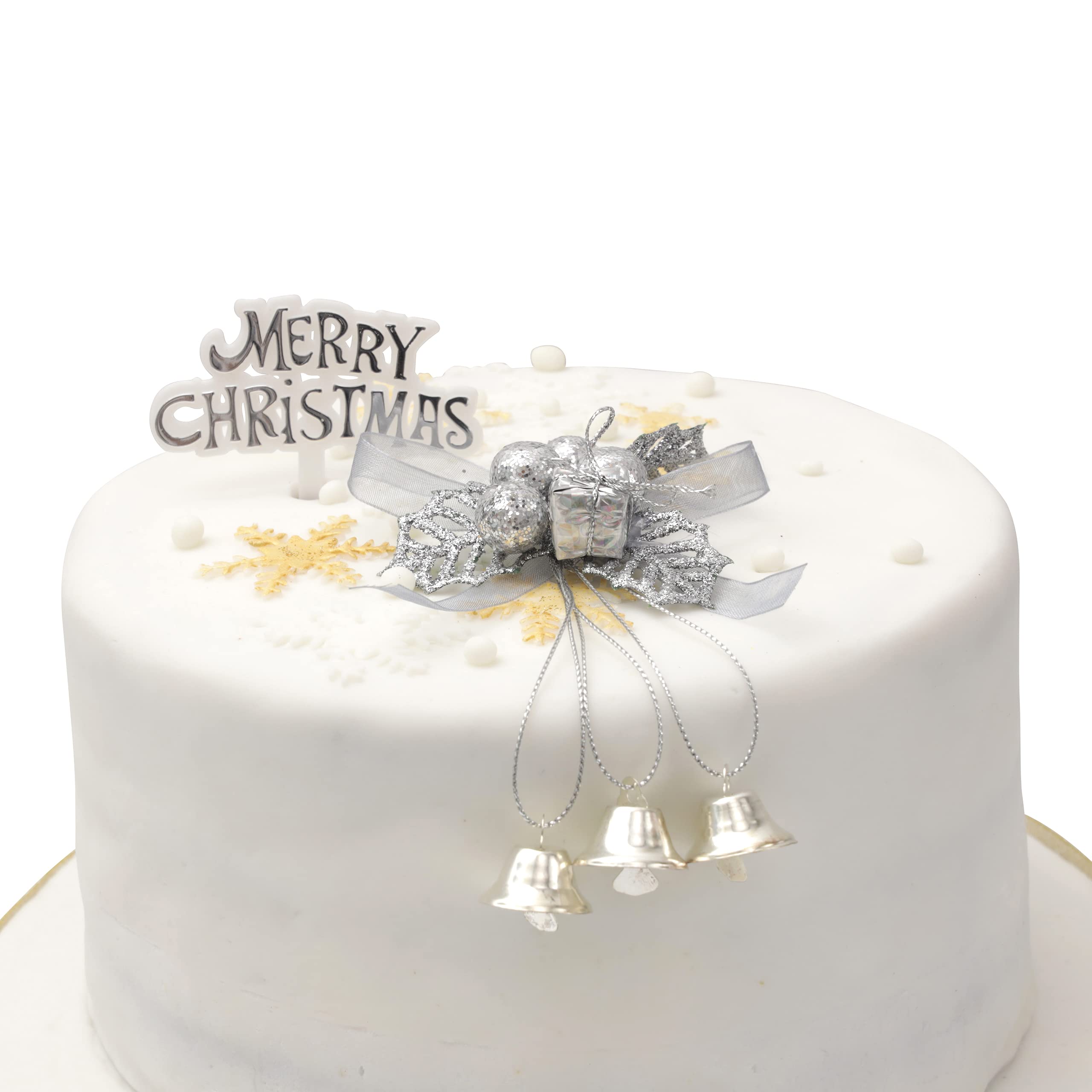 Evelay Christmas Cake Decoration Set Silver Holly & Bells With Merry Christmas Sign Motto Party Accessories (Silver)