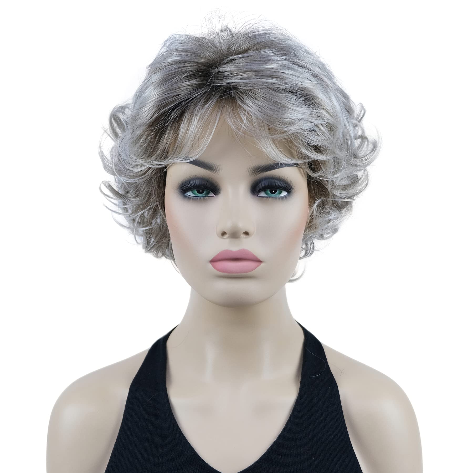 Lydell 8" Short Curly Women Wigs Soft Shaggy Layered Classic Cap Full Synthetic Wigs (48T Light Gray with Dark Root)