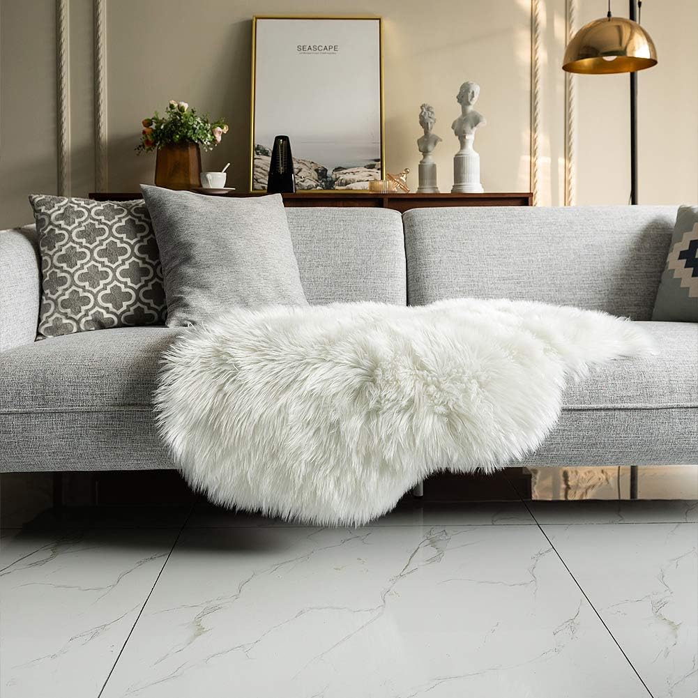 Carvapet Luxury Soft Faux Sheepskin Chair Cover Seat Cushion Pad Plush Fur Area Rugs for Bedroom, 2ft x 3ft, White: Home & Kitchen