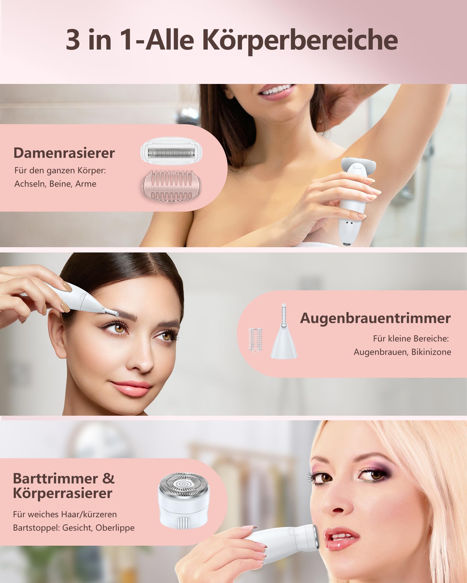 Rasierer Damen,3-In-1 Intimrasierer für Frauen,Gesichtshaarentferner für Frauen,Damenrasierer Elektrisch Nass-Trockenrasierer Ipx7 Wasserdicht Trimmer Damen,für Bikinizone Achseln Beine,USB-Aufladung 2