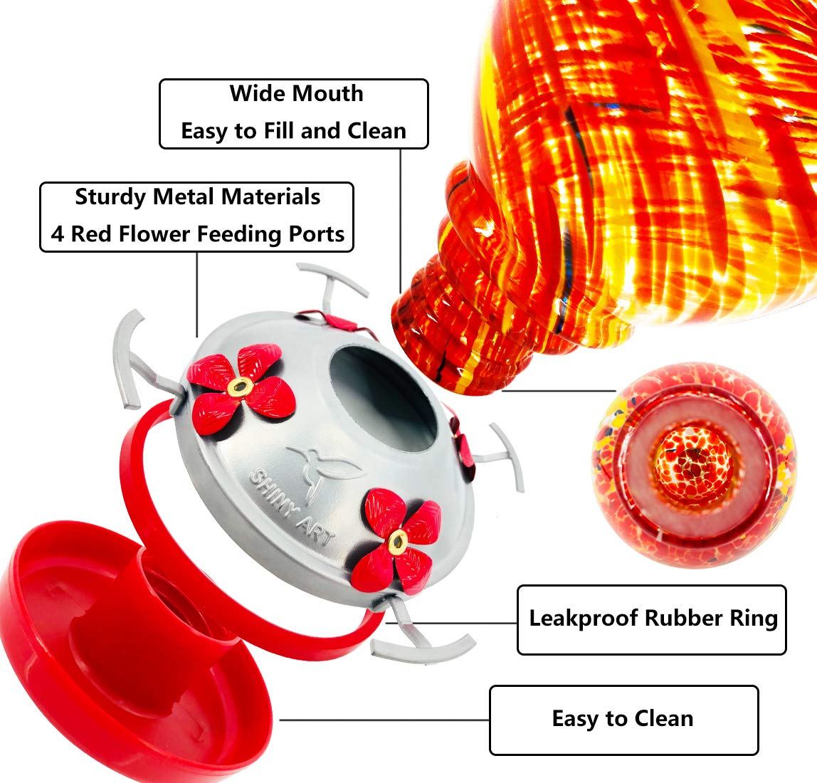 ShinyArt Hummingbird Feeder - Hand Blown Glass - Red - 36 Fluid Ounces Nectar Capacity Include Ant Moat, Metal Hook, Hemp Rope, Brush, Cleaning Rag and Service Card