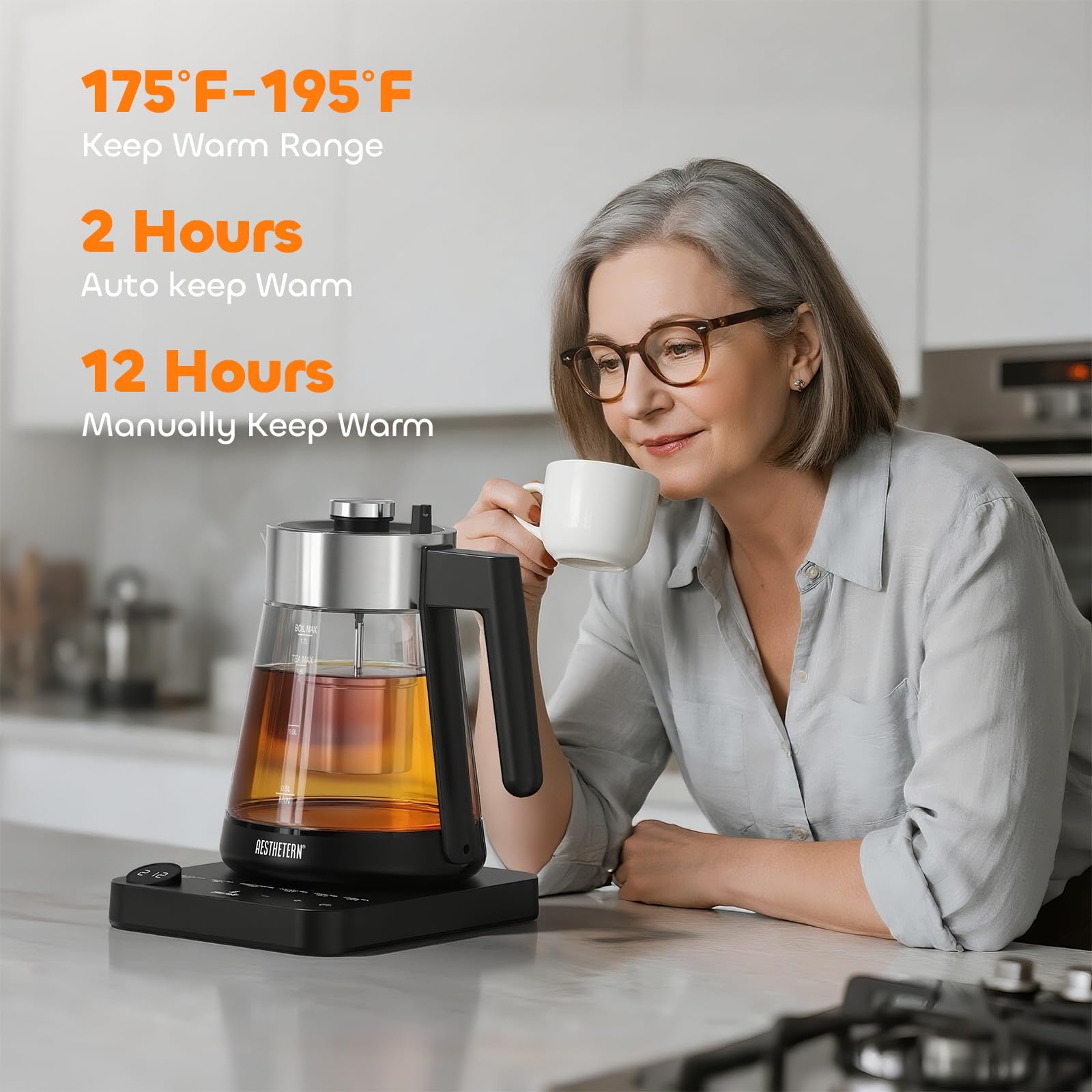 Aesthetern Tetera Eléctrica con Infusor Hervidor Eléctrico de Vidrio de 1,7 L con Control de Temperatura Apagado Automático 12H Mantener Caliente para Calentador de Agua para Té y Café, Negro