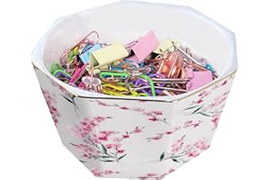 LEAZUL Ceramic Paper Clip Holder With Gold Line Geometric Floral Paper Clip Dispenser for Desk Cute Paper Clip Organizer Office Binder Clip Holder Gift for Office Pink Flowers