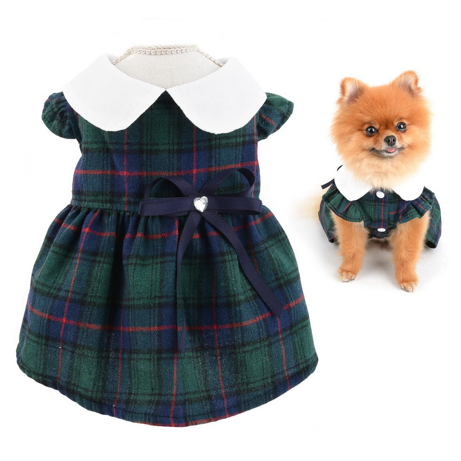 SMALLLEE_LUCKY_STORE Vintage Scottish Plaid Luxury Bow Girls Dog Dress Elegant Pincess Spring Summer Apparel Clothes for Small Pets Kitten Christmas Outfits Puppy Costume,Green,XL