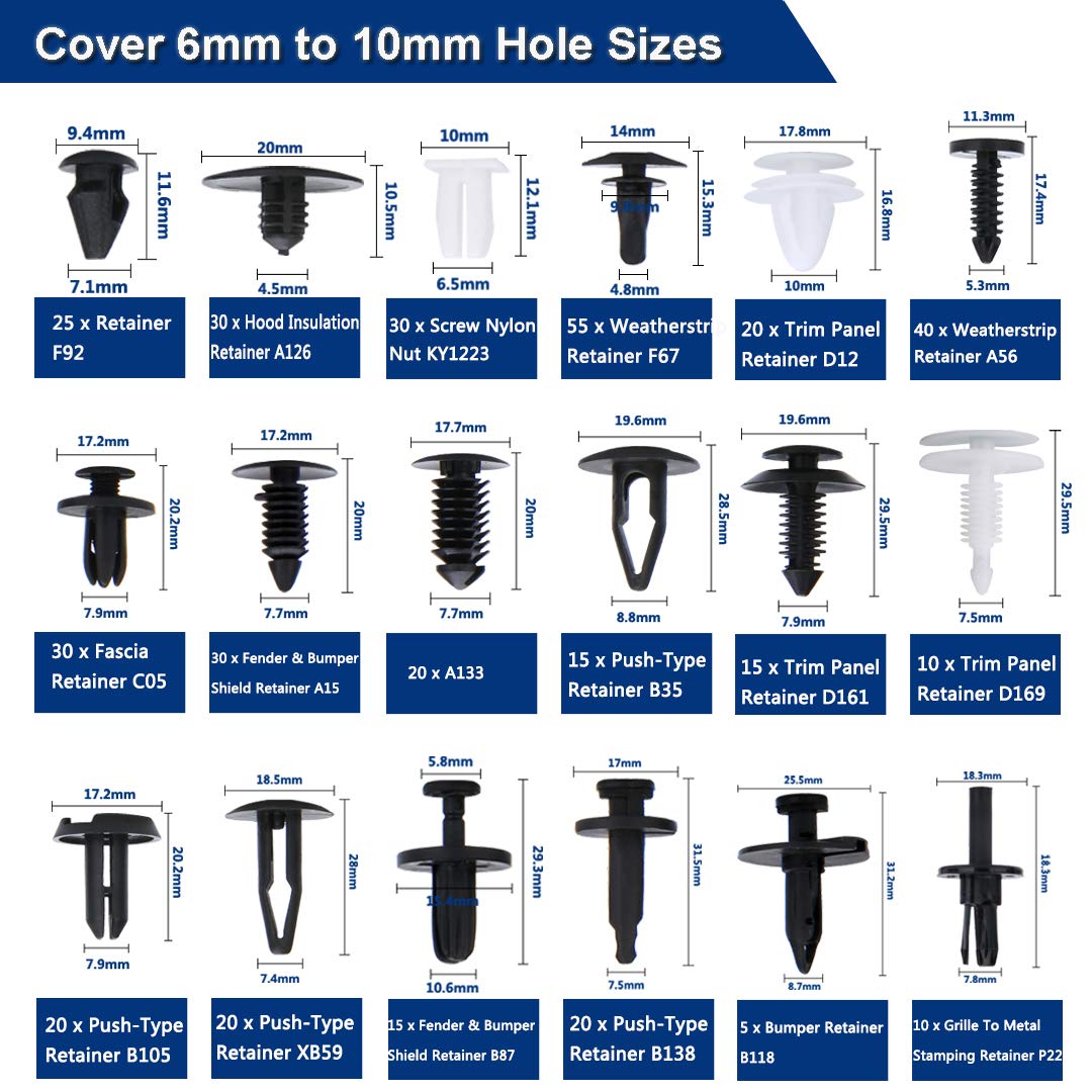 Aebitsry 445Pcs Car Retainer Clip with Fastener Remover Kit, 18 Most Popular Sizes Auto Fender and Bumper Fittings Push Clips, 5Pcs Fastener Remover, 5Pcs Reusable Cable Ties, 20Pcs Sponge Cushion