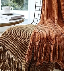 CREVENT Boho Chenille Throw Blanket for Couch Sofa