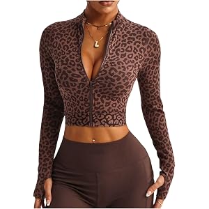 Milumia Women's Leopard Print Zip Up Jacket Long Sleeve Slim Fit Cropped Running Workout Jackets