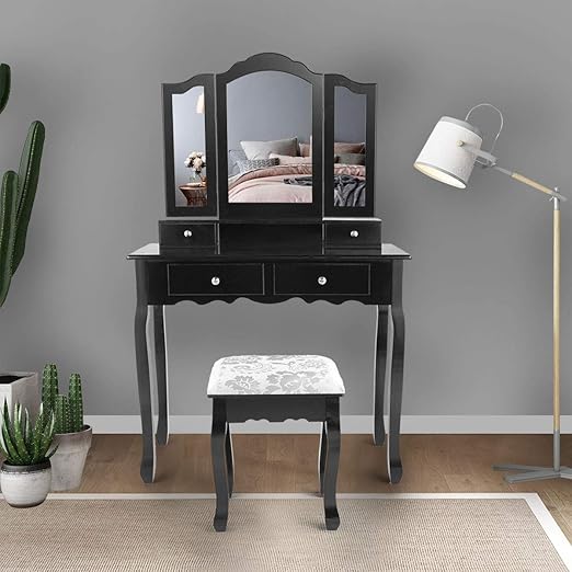 Amazon Com Black Vanity Makeup Dressing Table Set W Stool 4