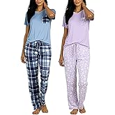 Real Essentials 2 Pack: Women's Comfy Pajama Sets - Short & Long Sleeve Ladies Loungewear Sleepwear PJs (Available In Plus)