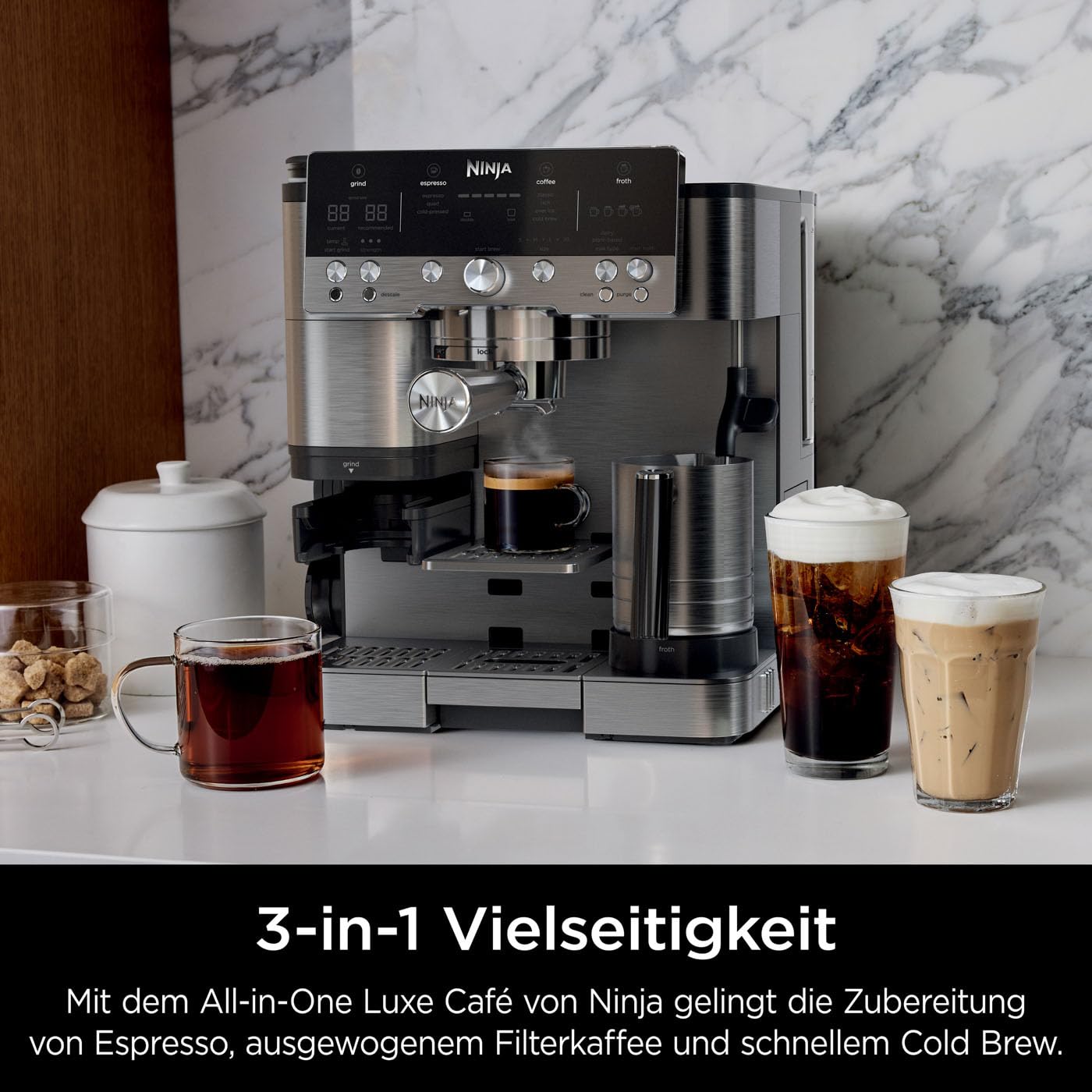 Ninja Luxe Premier 3-in-1-Kaffeemaschine mit Mahlwerk und Aufschäumer für Latte, Cappuccino, Cold Brew & Espresso, einfache Handhabung, 4 Voreinstellungen zum Aufschäumen, Silber, ES601EU 7