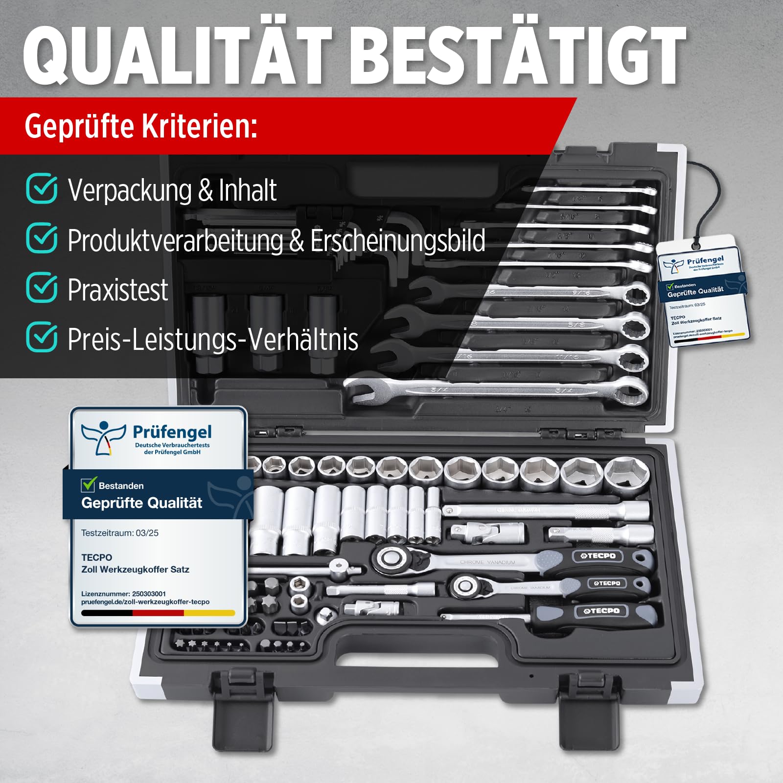 TECPO Zoll Steckschlüssel Satz 92-teilig Werkzeugkoffer mit Ringschlüssel und Maulschlüssel, Ratsche mit Nuss-Set Verlängerung Adapter, Innensechskant-Schlüssel, Ratschenkasten, Zöllig, Knarrenkasten 3