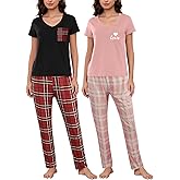 HONG HUI 2 Pack Womens Pajama Sets Short Sleeve with Long Pajama Pant Set Soft Sleepwear Printed Pj Lounge Sets S-XXXL