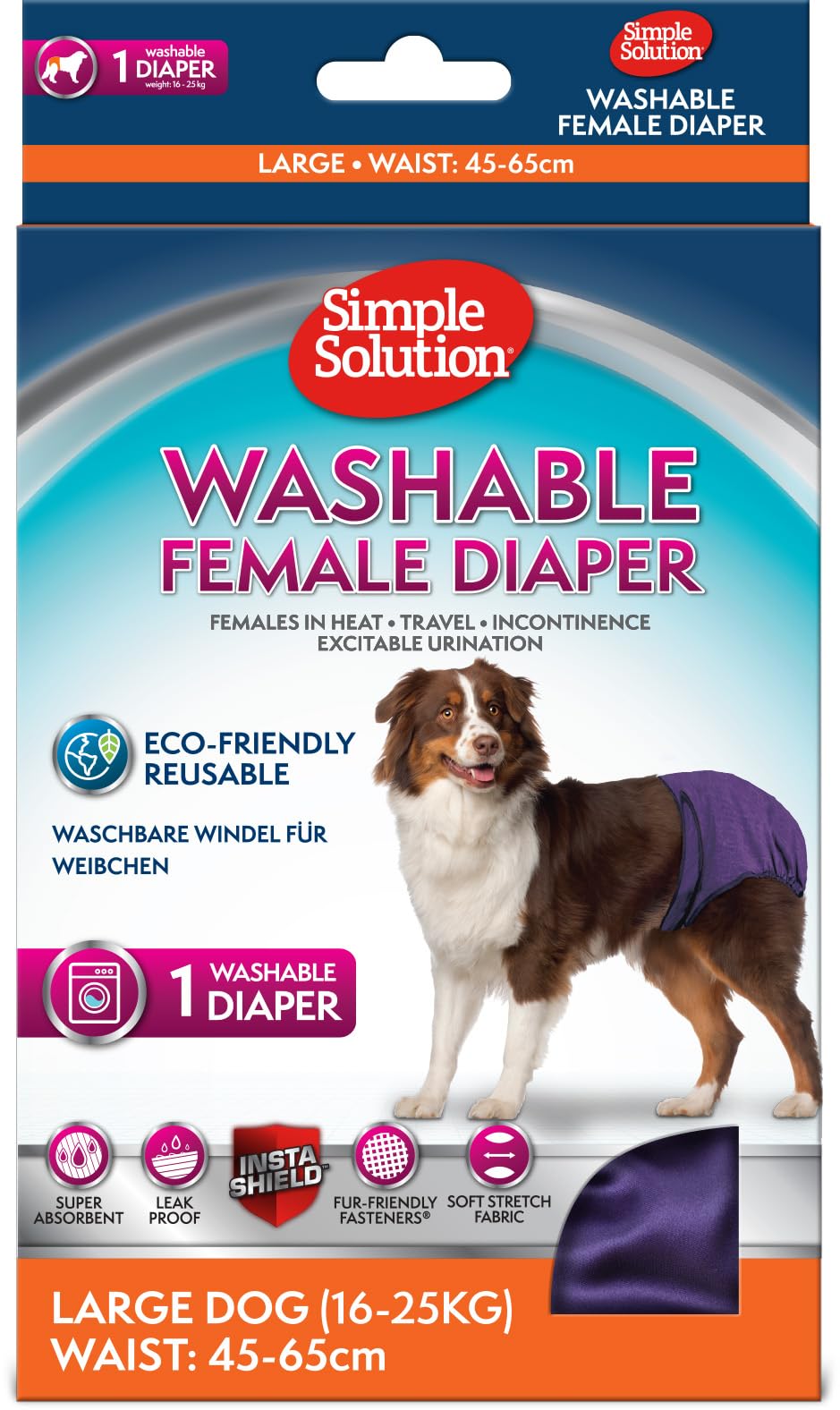 Simple Solution Washable Re-usable Female Dog Diapers, Absorbent with Leak Proof Fit for Excitable Urination, females in heat or Incontinence - 1 x Large Dog Diaper