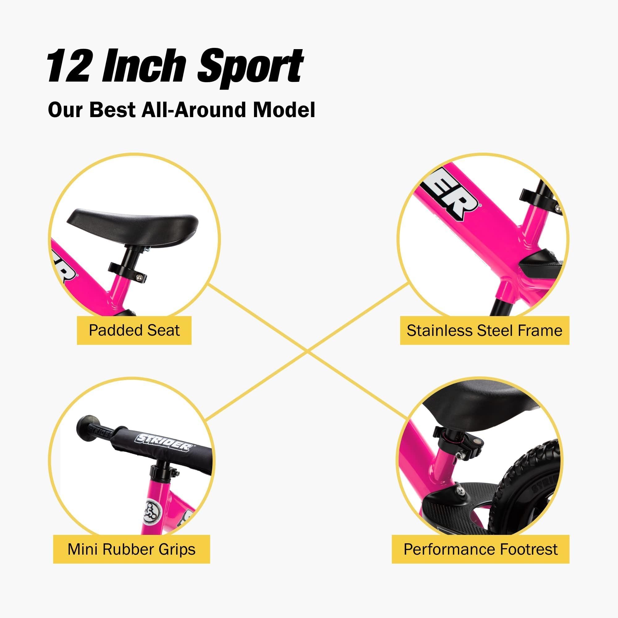 Strider 12” Sport Bike - No Pedal Balance Bicycle for Kids 1 to 4 Years - Includes Safety Pad, Padded Seat, Mini Grips & Flat-Free Tires - Tool-Free Assembly & Adjustments