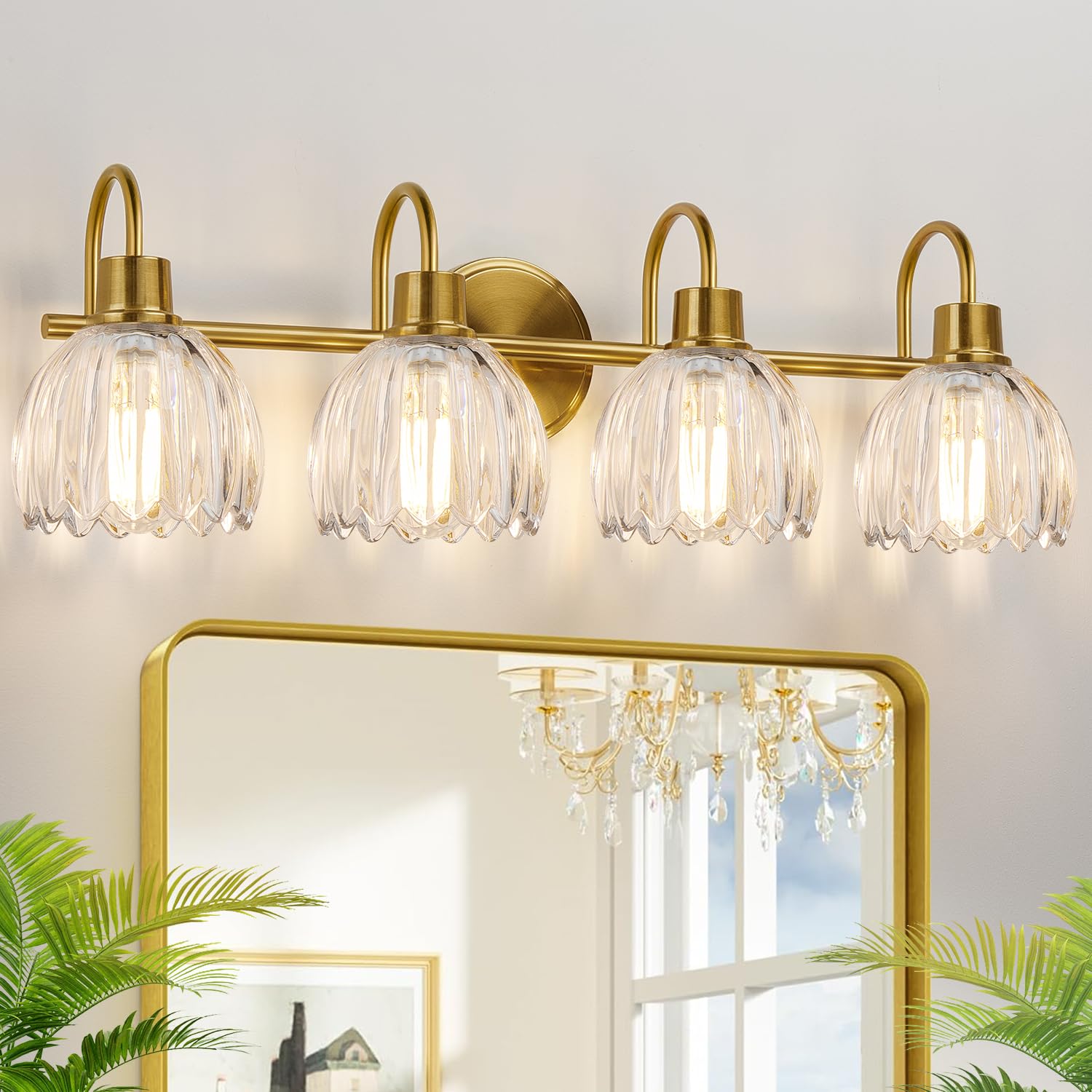 Photo 1 of ************One lamp shade missing*************
4-Light Bathroom Light Fixtures, 27" Brushed Gold Vanity Lights for Bathroom with Ribbed Clear Tulip Glass Shade, Vintage Bathroom Vanity Lighting Fixtures Over Mirror for Bedroom Living Room Hallway