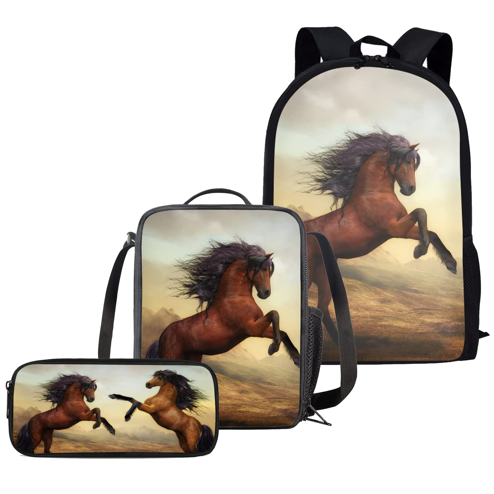 chaqli School Backpack Boys Popular School Book Bag Set, Horse Schoolbag + Lunch Tote Bag + Pencil Case with 3pcs - Horse-4(3PCS/Set)