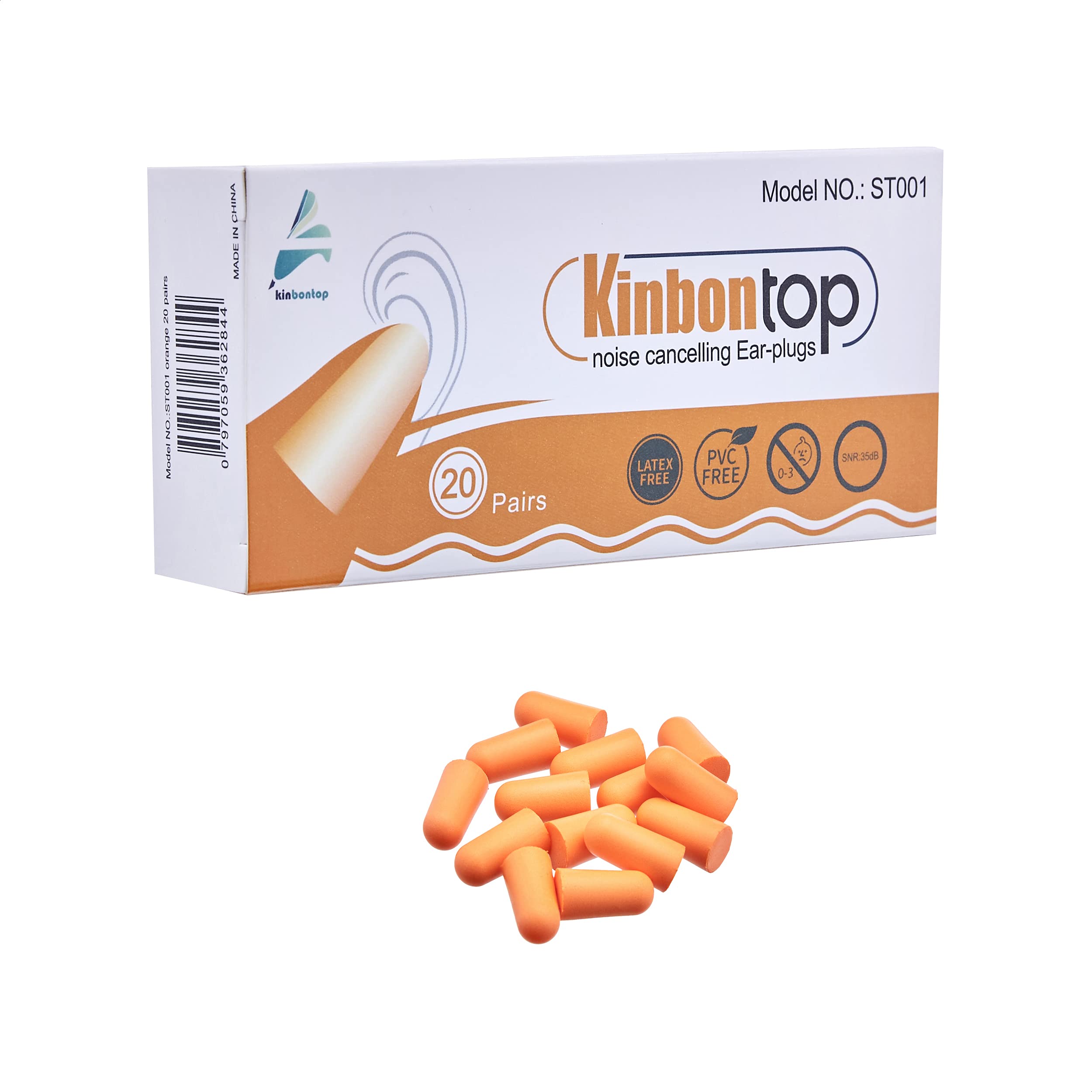 Kinbontop Soft Foam Ear Plugs, 35dB SNR, Noise Reduction, Hearing Protection - Orange (20-Pack)
