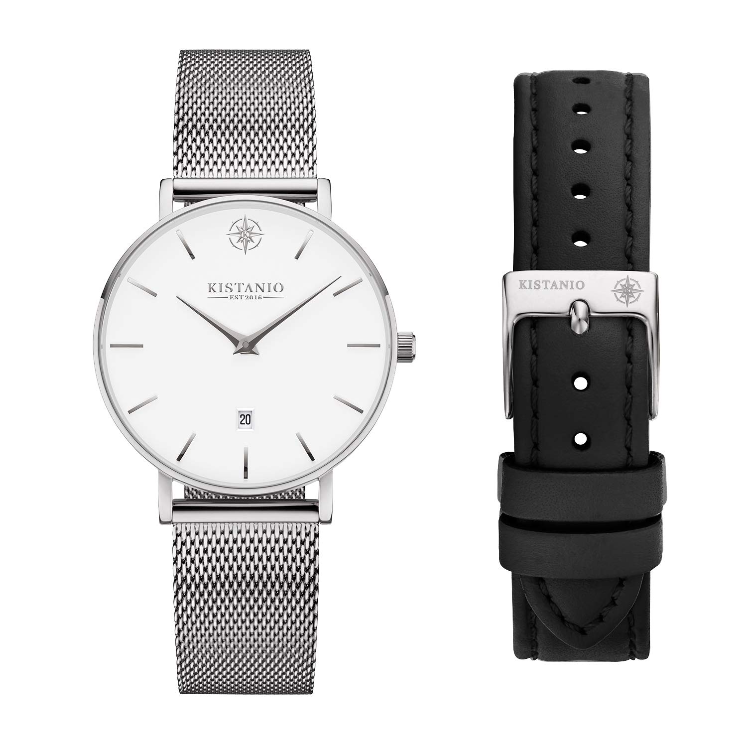 Kistanio Petit SI-WH-M-L-BK Women's Watch with Sapphire Glass and Milanese Strap + Extra Leather Strap