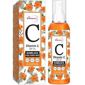 StBotanica Vitamin C SPF 50 Sunblock Face & Body Mist Sunscreen UVA/UVB PA+++, 120ml - Dry Touch, Mineral Based & Water Resistant
