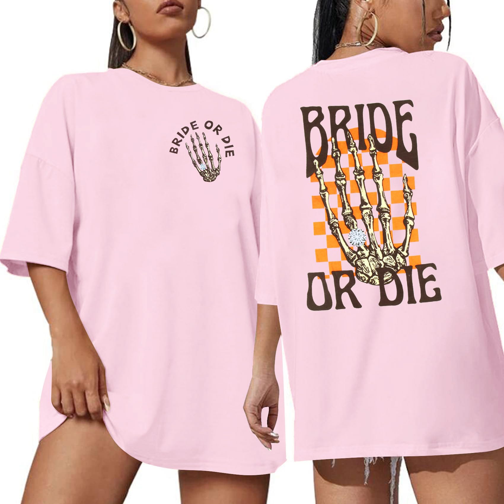 Photo 1 of Bride Shirts Women Bride or Die Oversized T Shirt Bridal Skeleton Hand Print Tops Bachelorette Party Short Sleeve Tees
