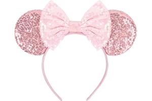 WOVOWOVO Mouse Ears Headbands for Women Sparkle Pink Bow Mouse Ears Hairbands Halloween Christmas Birthdays Cosplay Costume Princess Party Decorations