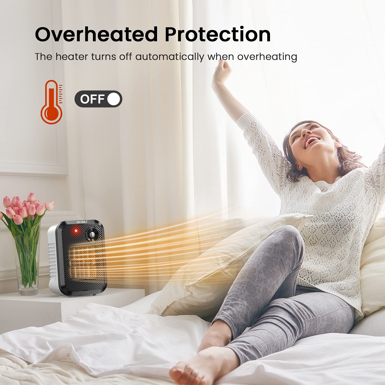 andily 500W Space Heater Electric Heater for Home&Office Indoor Use Small Heater on Desk with Safety Power Switch PTC WHITE