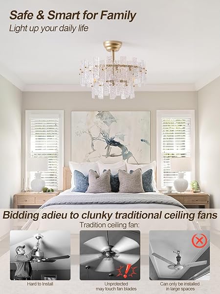 CELAVIEIOP 20″ GOLD FANDELIER CEILING FAN WITH LIGHT,GOLD CRYSTAL CHANDELIER CEILING FANS WITH LIGHTS AND REMOTE CONTROL,MID-CENTURY MODERN CAGED WITH 6 SPEEDS FOR LIVING ROOM BEDROOM NURSERY