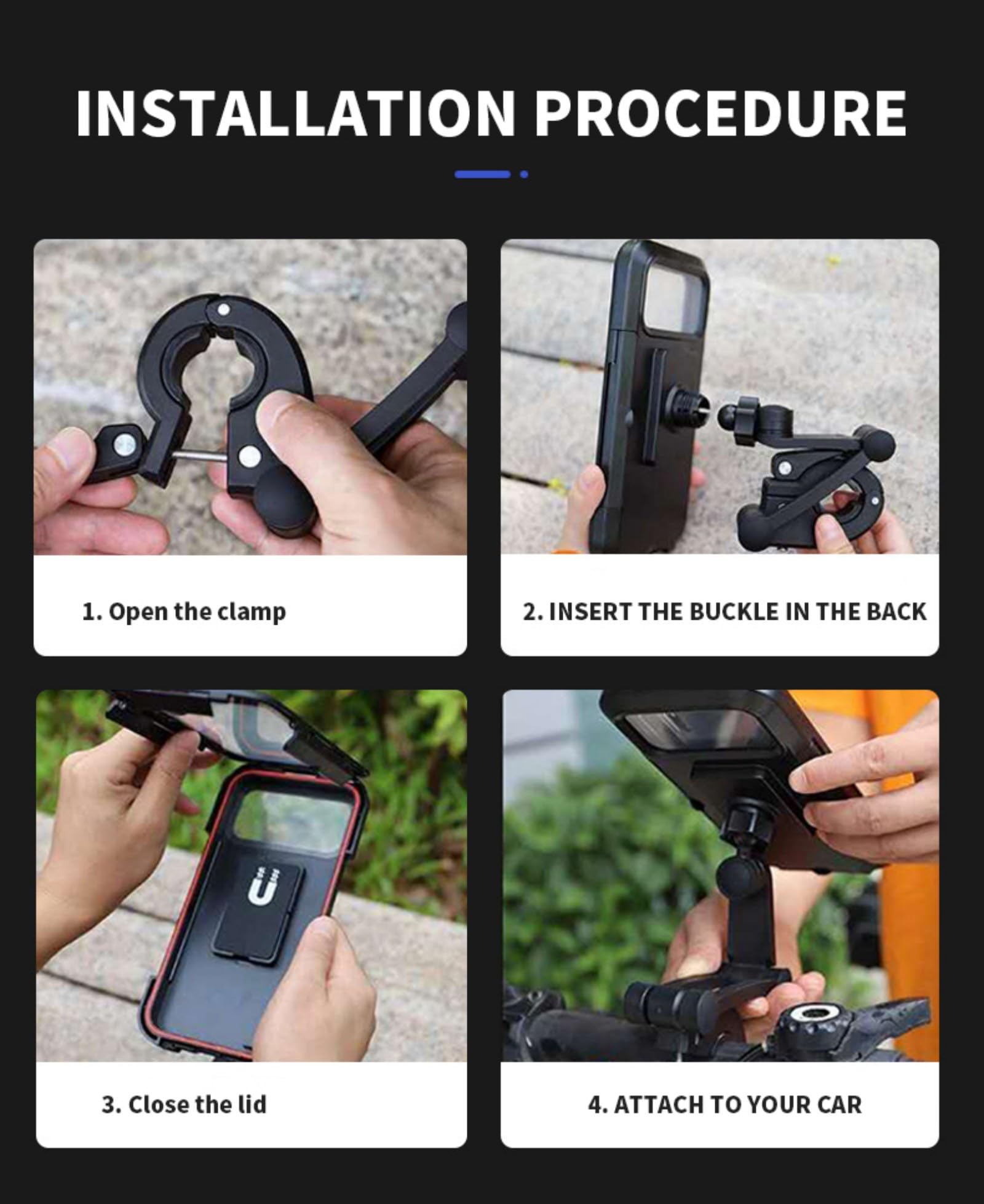 Black Waterproof Bike Phone Mount Holder Handlebar, Phone Protects Fits Perfectly Boxs Strong Sturdy Well-Built Mountain Frame Touch-Screen Stand Motorcycle Ebike Cycling Cell Holder Heybike
