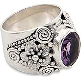 NOVICA Artisan Handmade Amethyst Cocktail Ring Floral Sterling Silver Faceted from Bali Purple Single Stone Indonesia Birthstone [crownbezel 0.5 in L x 0.4 in W x 0.2 in H Band Width 10 mm W] '