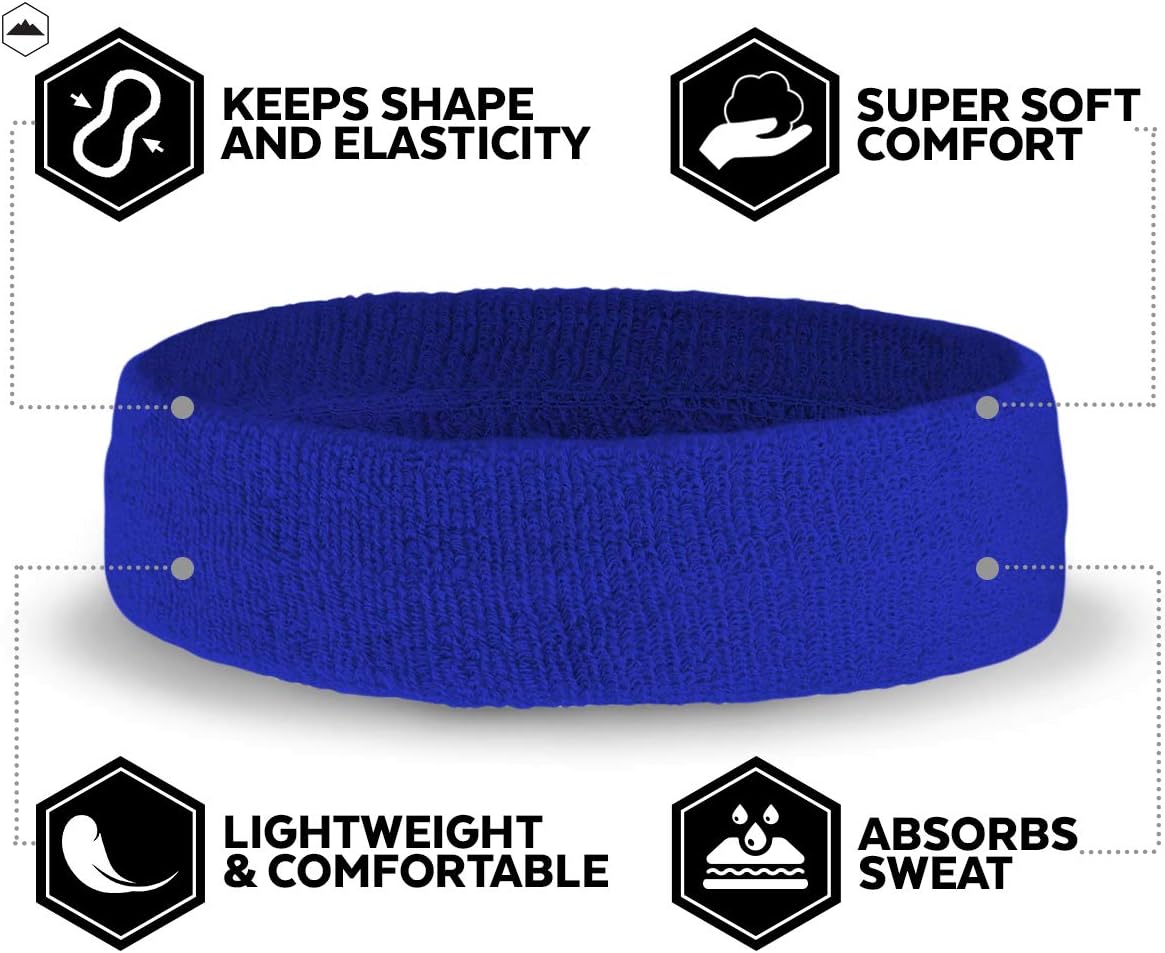 Sweat Headbands - Sports Head Sweatbands for Athletic Men & Women - Stretchy & Soft Cotton Terry Cloth Bands for Working Out, Tennis, Gymnastics, Basketball, Baseball, Football, Running, Gym Exercise : Clothing