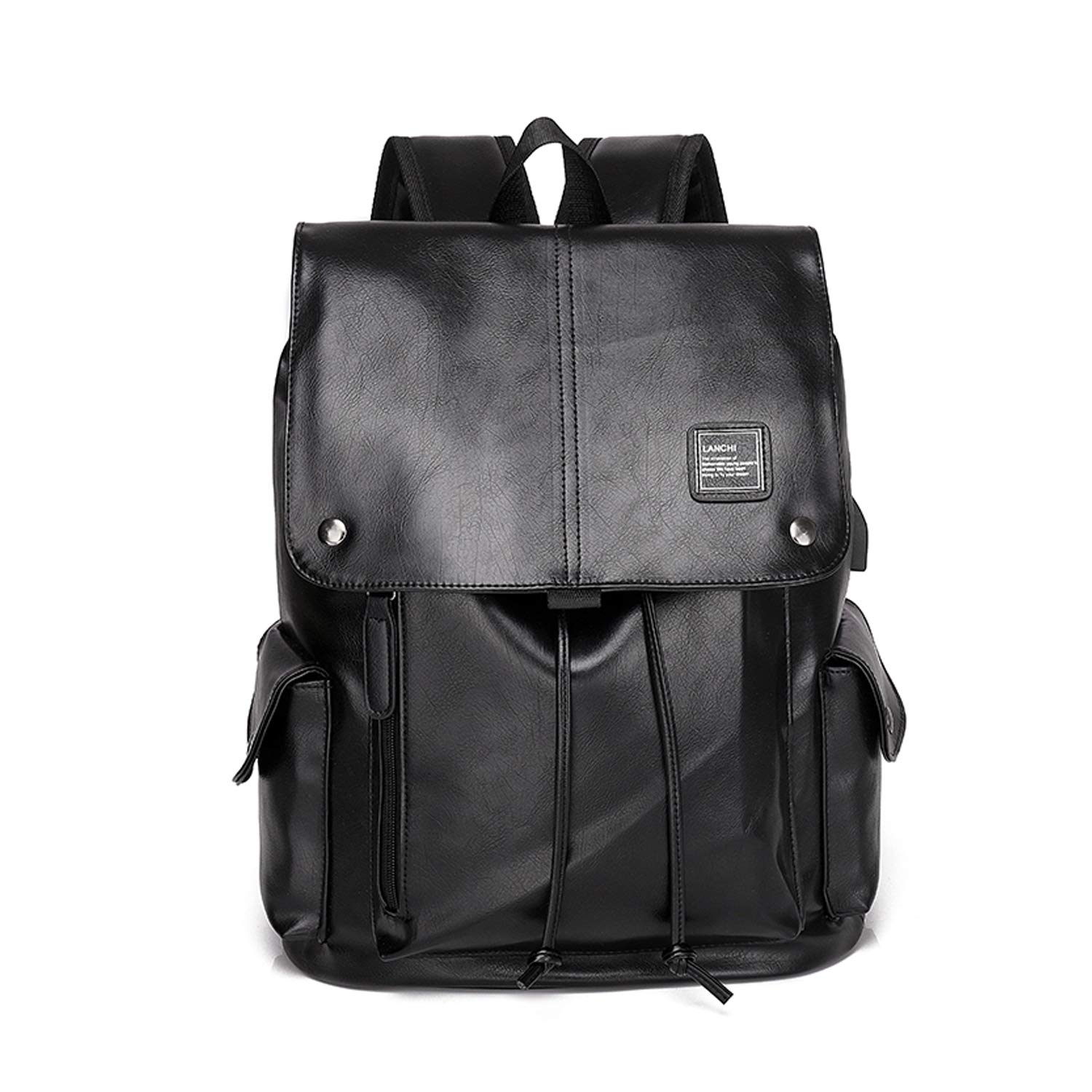 FANDARE Backpack Waterproof PU Daypack with USB Charging Port for 15.6 inch Laptop Teens College Bag Men Field Pack High School Bag Knapsack Outdoor Travel Camping Hiking Rucksack Infantry Pack Black