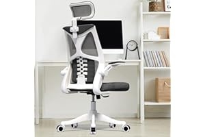 Younmall Ergonomic Office Chair, High Back Desk Chair, Breathable Mesh Desk Chair with Lumbar Support, Adjustable Headrest and Flip-Up Arms, Swivel Task Chair with Adjustable Height (White+Black)
