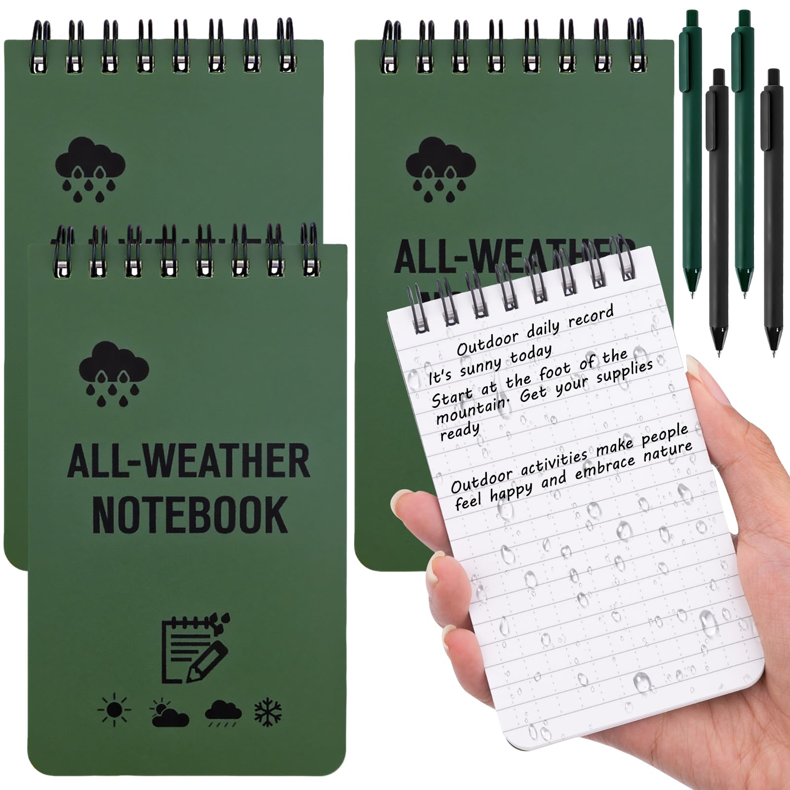 4 Pack Mini Waterproof Notebook, 3x5in Pocket Notepads with 4 Ballpoint Pens, All-Weather Memo Pads with Top-Spiral, Grid Paper Tactical Steno Pads, 50 Page Military Mini Notebook for Office, Outdoors