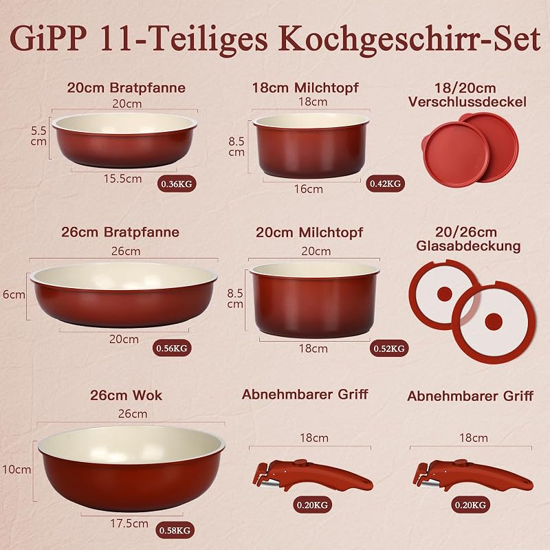 11-Teilig Topfset & Pfannenset mit abnehmbarem Griff Induktion