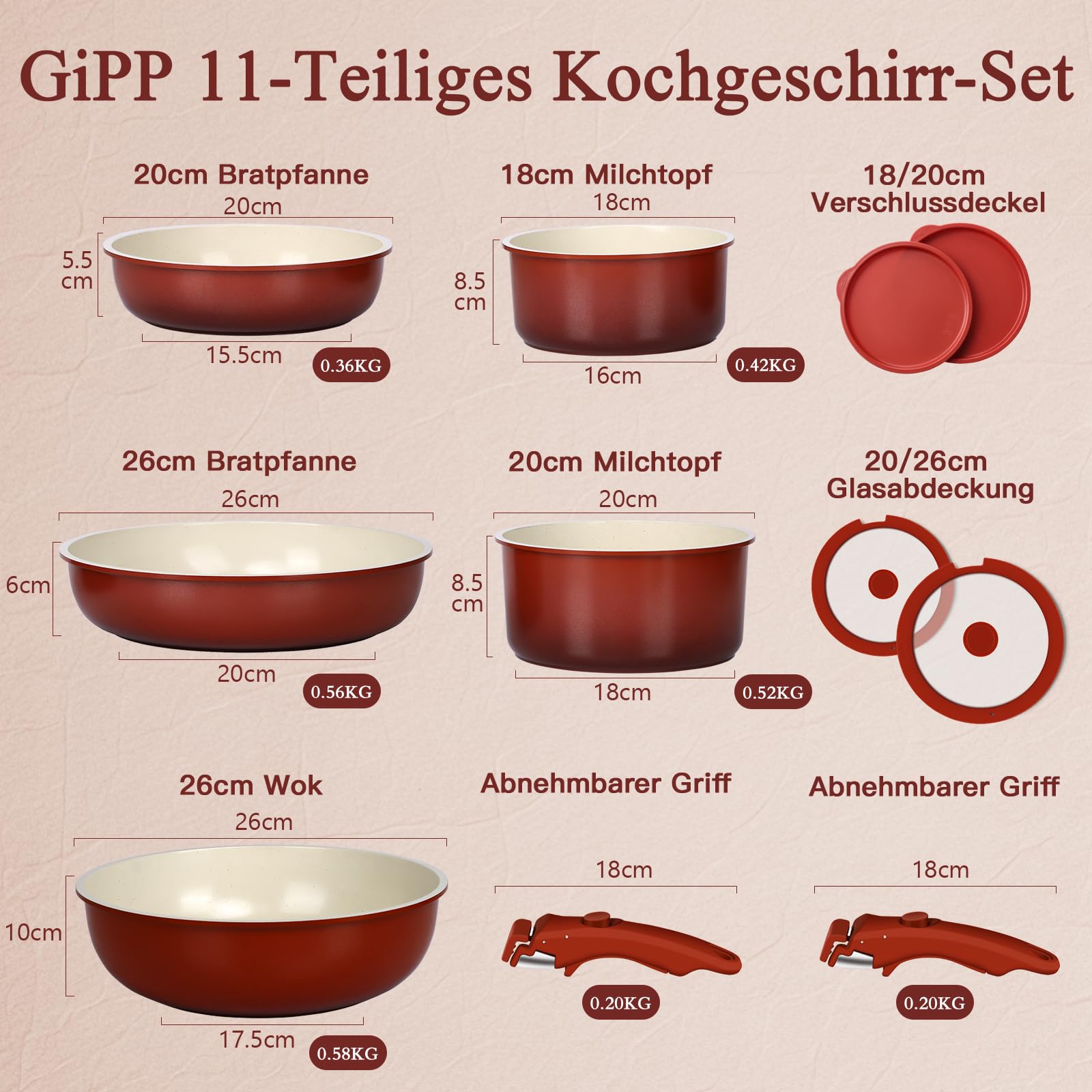 GiPP 11-Teiliges Pfannen Set Topfset mit Abnehmbarer Griff, Pfanne Set mit Keramik Antihaft Beschichtet, Stapelbar Kochtopf Set, Mobiles Kochgeschirr für Alle Herdarten Ofenfest (Roter Farbverlauf) 3