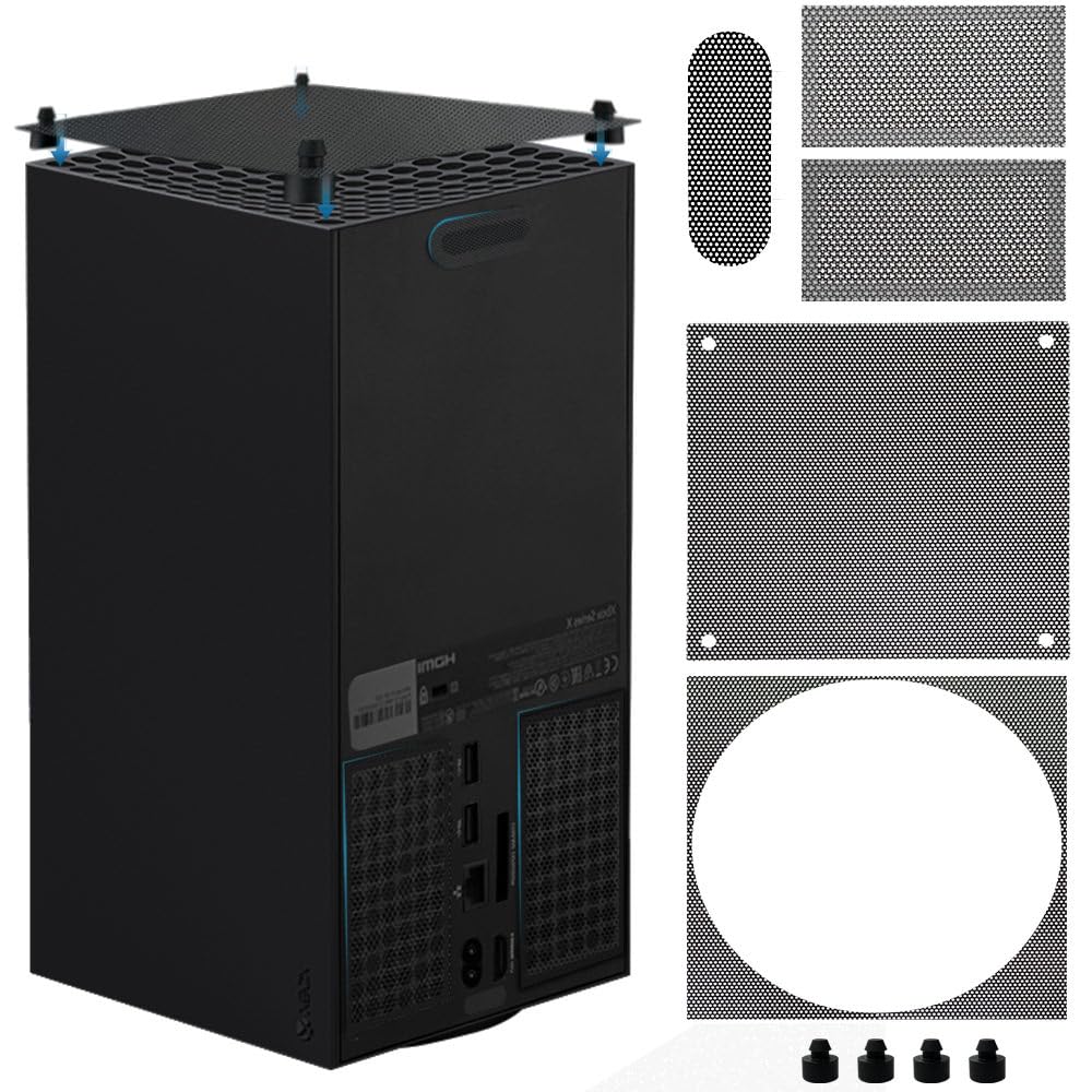 Chanvoo Dust Filter Compatible with Xbox Series X, Accessory Set with 4 Silicone Plugs & 4 PVC Meshes - High-Density Breathable Metal Mesh Top Protection (Black)