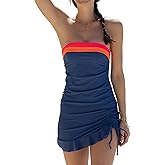 Beachsissi Bandeau Swimsuits for Women Strapless Swimwear Bathing Suits Tummy Control Color Block Tankini Skirt Sets
