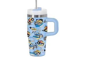 Monster Truck Tumbler with Handle for Kids 14oz, Insulated Stainless Steel Monster Trucks Mug Cup for Boys, Birthday Christma
