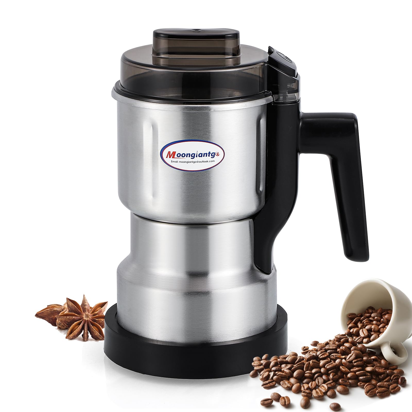 Moongiantgo Multifunctional Smash Machine Ultra Fine Spice & Coffee Grinder (250W 22000rpm, 200ml Capacity, Open-Cover-Stop Design, Stainless Steel, for Grain, Bean, Spice - with Brush & Spoon)