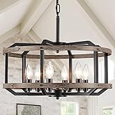 Farmhouse Chandelier for Dining Room, 6-Light Rustic Faux Wood Metal Light Fixtures, Caged Candle Style Pendant Hang Light fo