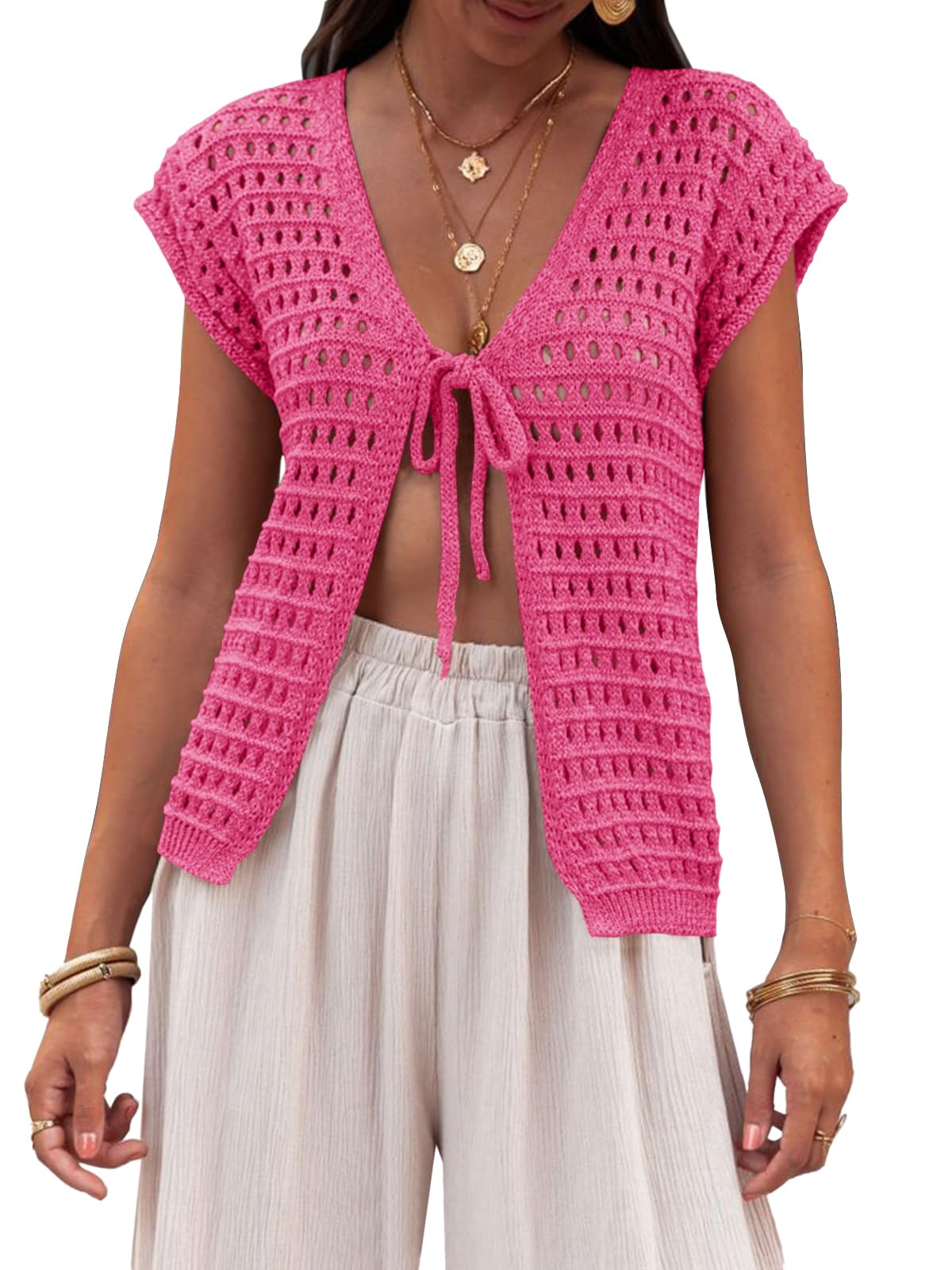 Photo 1 of Saodimallsu Womens Tie Crochet Shrug Short Sleeve Open Front Lightweight Knit Cropped Cardigan Sweaters Cover Up