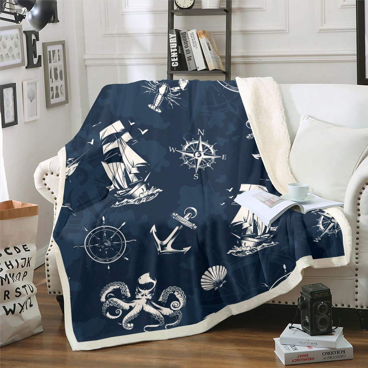 Loussiesd Anchor Decor Fuzzy Blanket Nautical Theme Throw Blanket Compass Comforter Pattern Cover for Crib Bed Couch Teens Lightweight Sea Adventure Sherpa Blanket Double 60"x79" Reversible