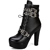 Bellirala Women's Studded Buckled Combat Boots Chunky Platform Ankle Booties Goth Punk Lace Up Knight Biker Boots Zipper High Heels