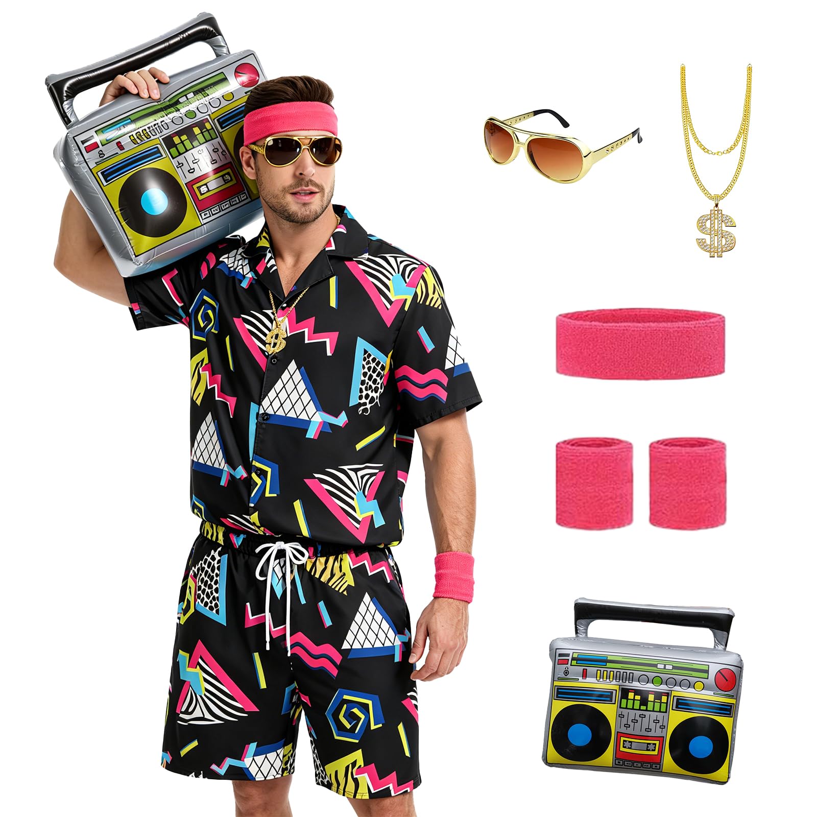 LYBOHO 80er 90er Jahre Outfit Herren,80er 90er Jahre Kostüm-Kurzarmjacke & Shorts-Set – für Halloween Karneval & Retro-Partys (Schwarz-Knopf, L)