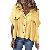APOFER Women's Collared Button Down Shirts Casual Cap Sleeve Waffle Blouses Tops