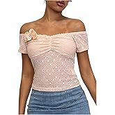 OYOANGLE Women's 3D Floral Off The Shoulder Top Ruched Short Sleeve Sheer T Shirts