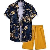 VIPWOLF Men's 2 Piece Short Sets Outfits Button Down Floral Shirts and Drawstring Waist Shorts Tracksuits